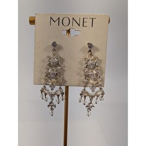 Vintage Monet Silver Tone Clear Crystal Marquise Art Deco Chandelier Earrings